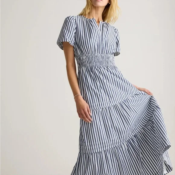 Quince 100% Organic Cotton Polin Tiered Maxi Dress / Hudson Stripe/L - Picture 2 of 11